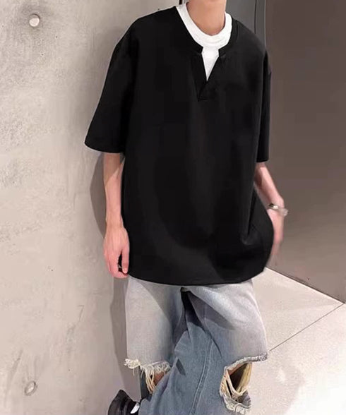 半袖Tシャツ メンズ 重ね着風カットソー スキッパーTシャツ クルーネック夏服 カジュアル 無地tシャツ 夏t レイヤード風プルオーバー おしゃれサマーtシャツ黒 87MP-005